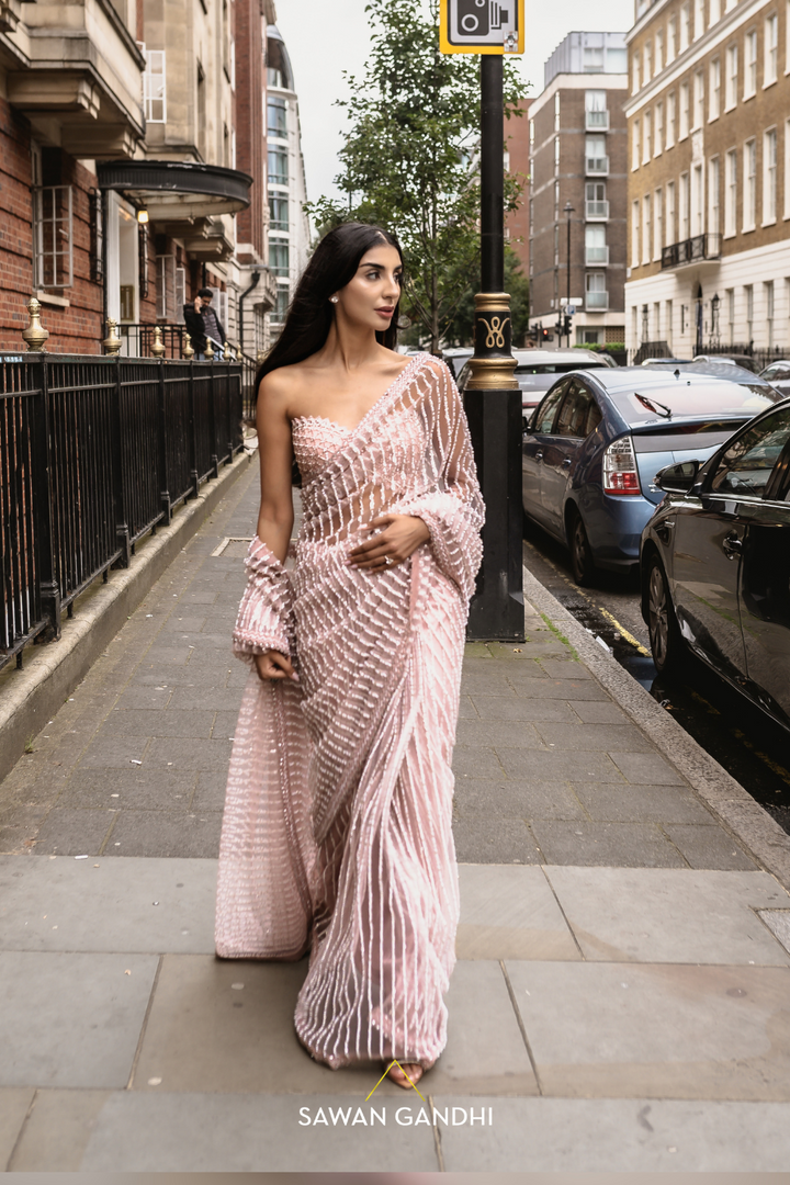 Blush pink pearl detail saree