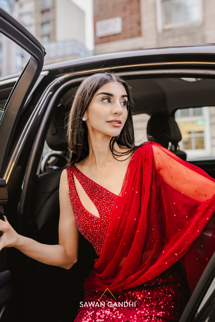 Crimson red drape saree