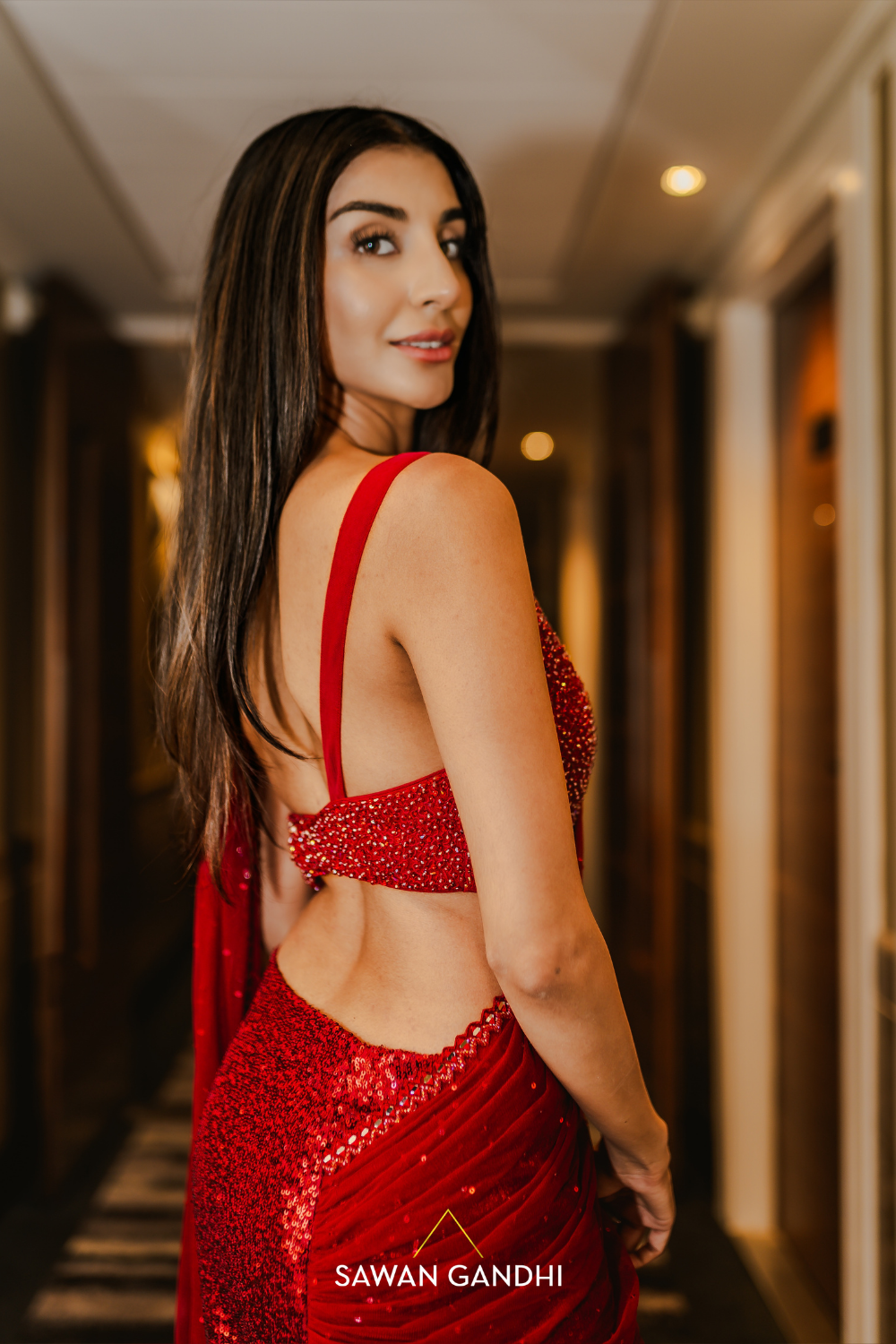 Crimson red drape saree