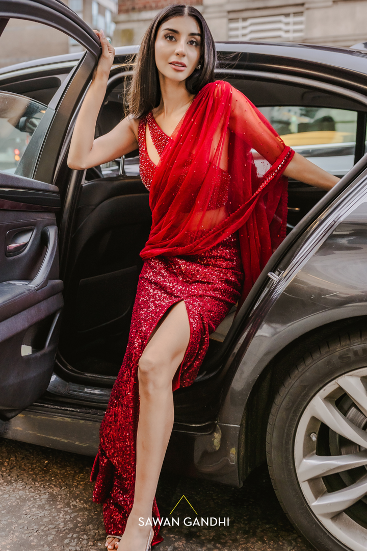 Crimson red drape saree