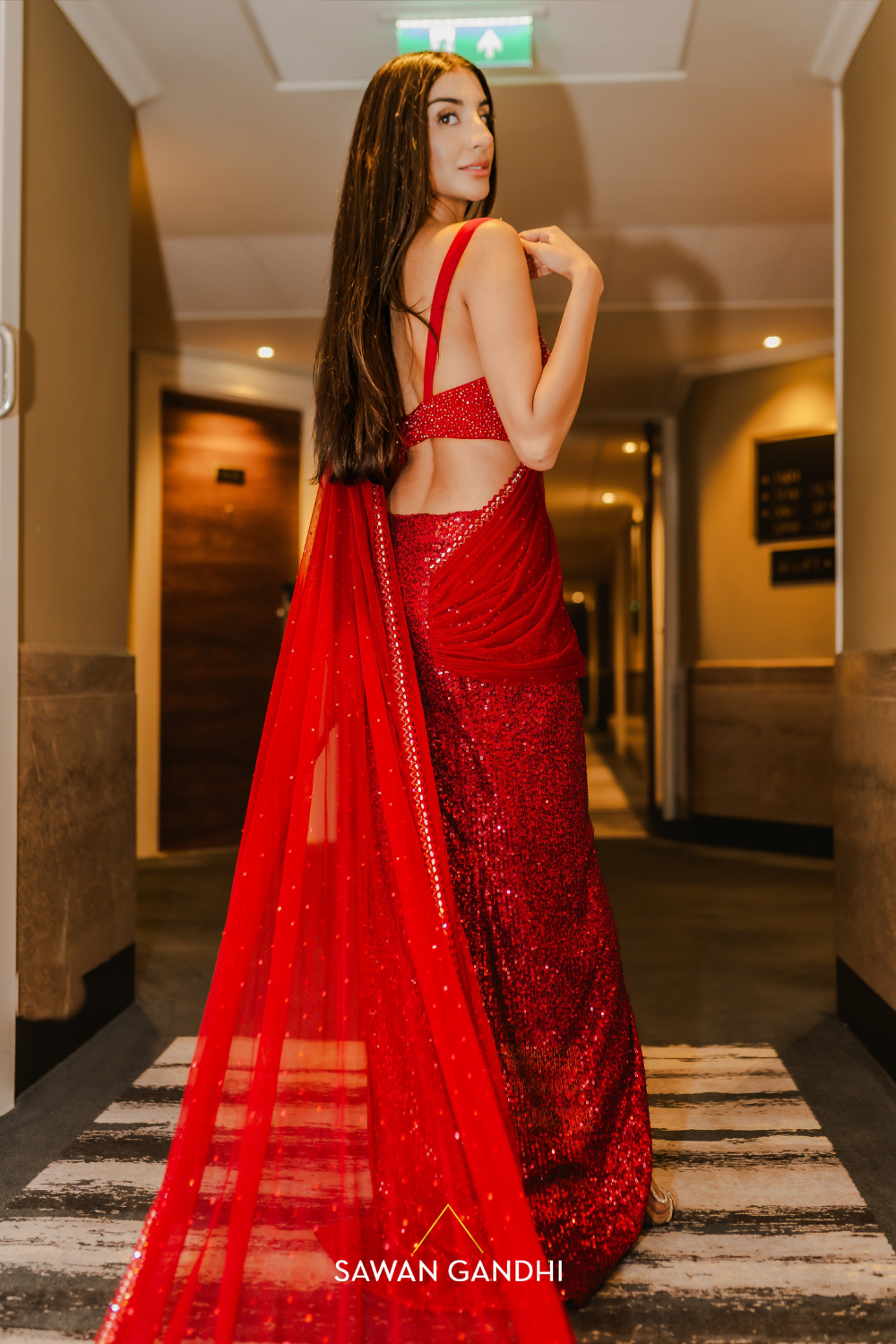 Crimson red drape saree