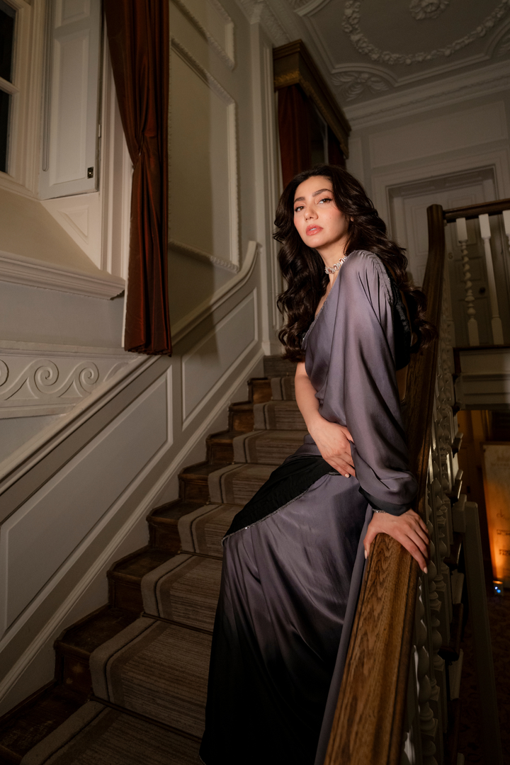 Mahira Khan in GREY BLACK OMBRE SAREE