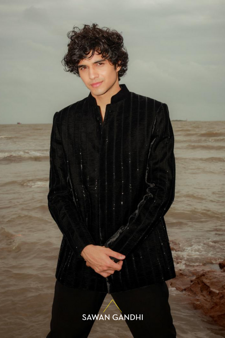 Abhay verma in Black velvet cutdana lines bandhgala
