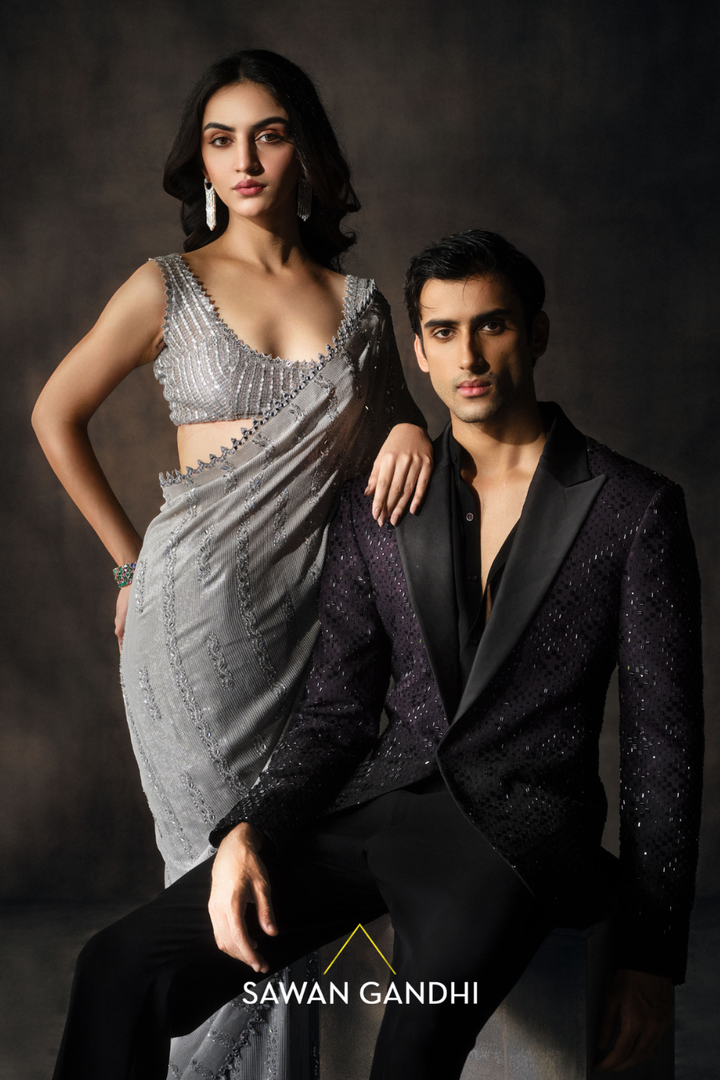 Steel Grey sequins line saree