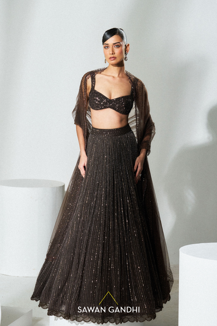 Coca brown beadwork lehenga