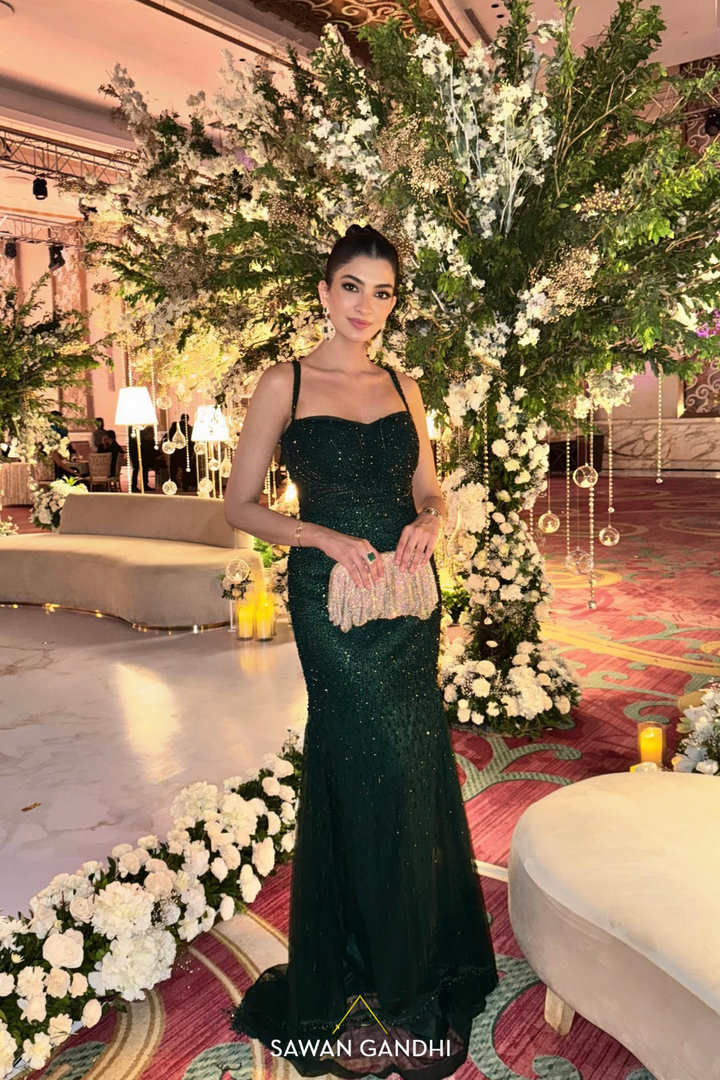 Hanna khan in bottle green fish cut gown