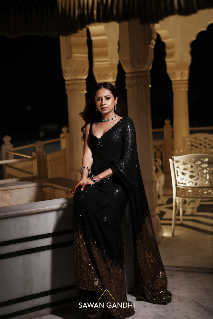 Sargun Mehta in Black to Gold Sequins Saree