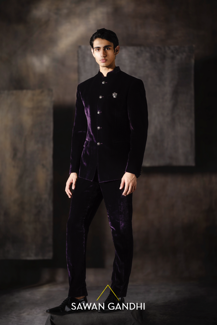 Wine velvet bandhgala