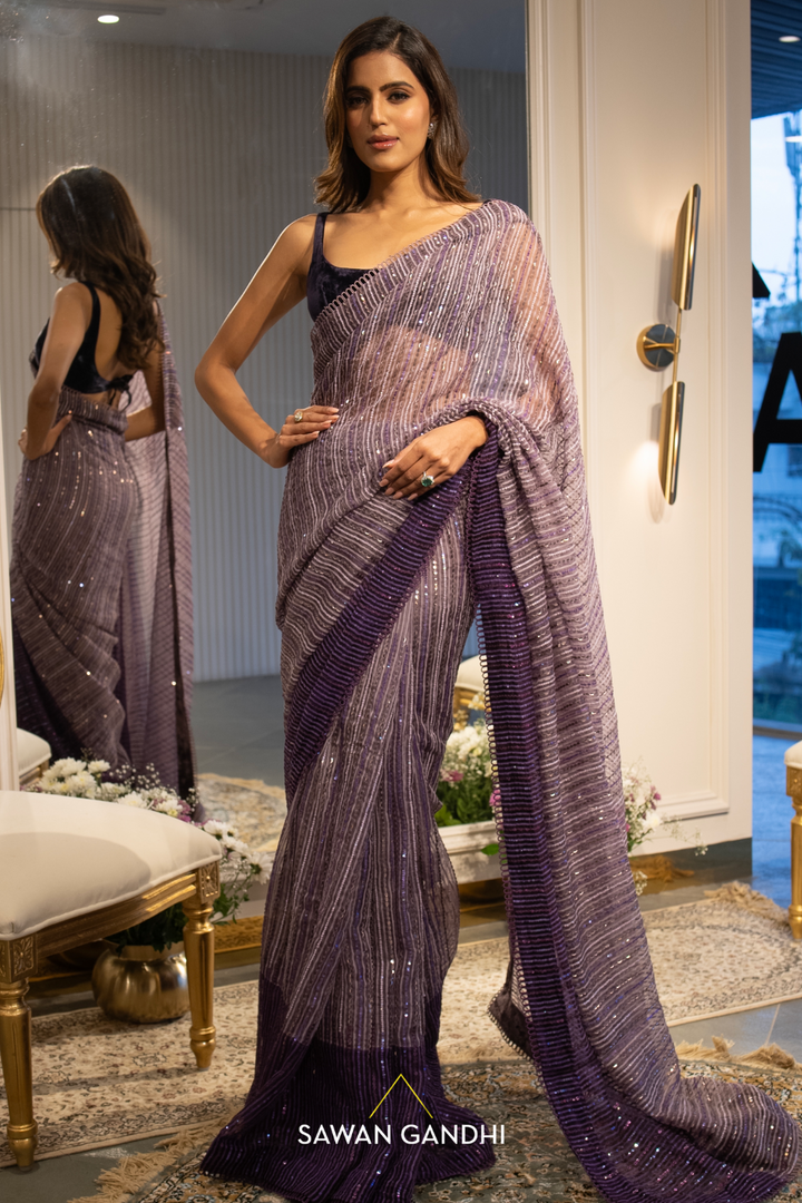 Purple ombre sequins handloom organza saree
