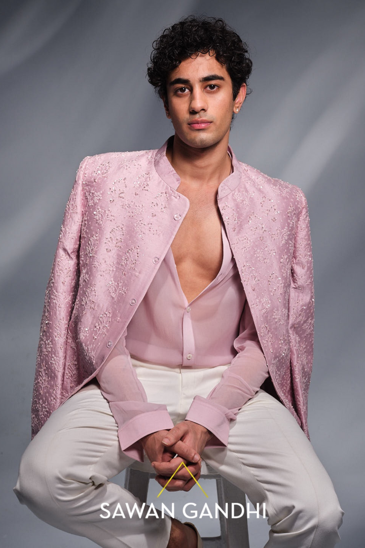 Rose pink sequins and threadwork bandhgala