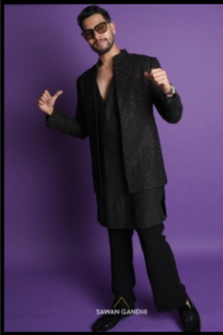 Vedant mahajan in BLACK BANDHGALA WITH SWAROSVKI KURTA