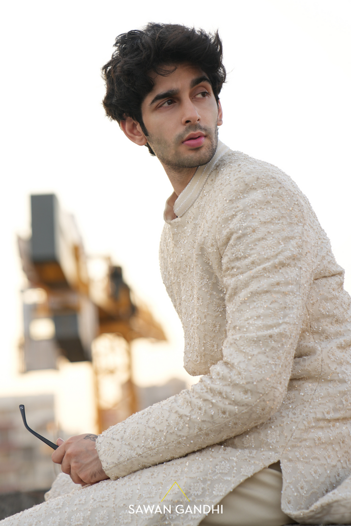 Neel Dewan in Light beige chikankari sherwani