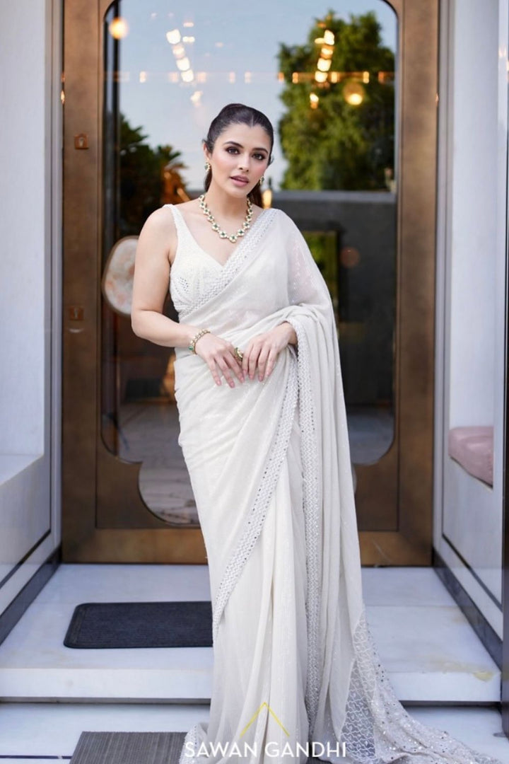 Natasha Luthra in Ivory Paani Sequis Chikankari Saree
