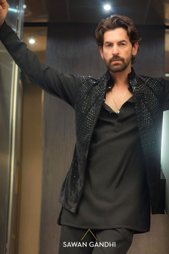 Neil Nitin Mukesh in Black Velvet Cutdana Nehru