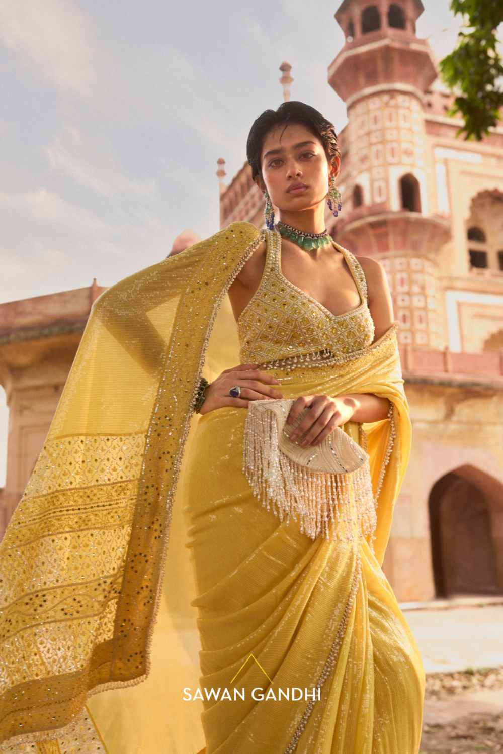 Yellow Sequin and Chikankari Border Saree
