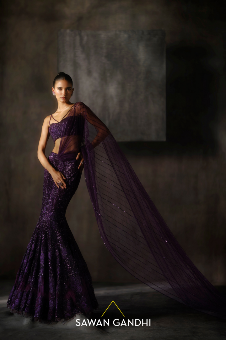 Wine fish cut lehenga