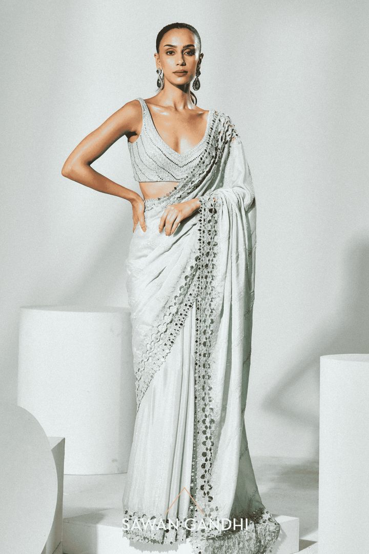 Sage green cutwork saree