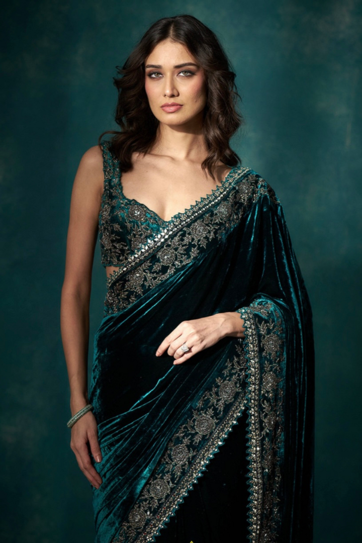 Teal velvet saree