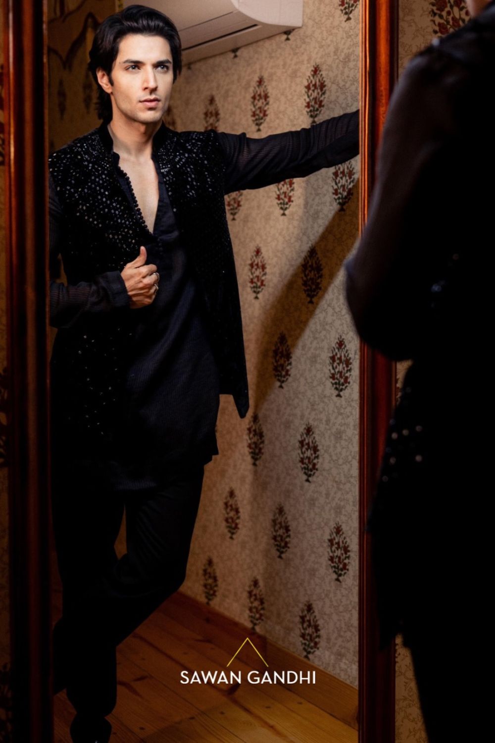 Siddharth Gupta in Black Velvet Cutdana Nehru