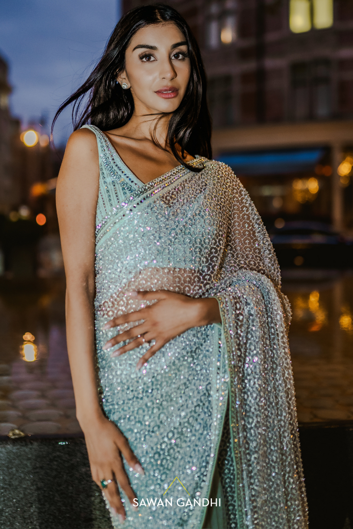 Sage green glass bead honeycomb saree