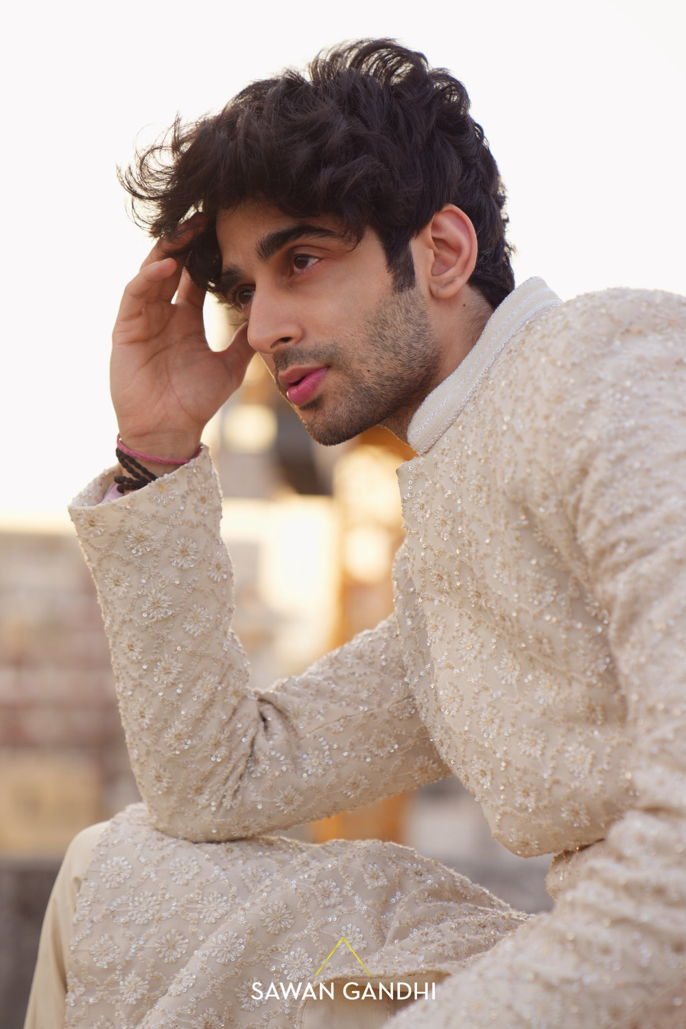 Neel Dewan in Light beige chikankari sherwani