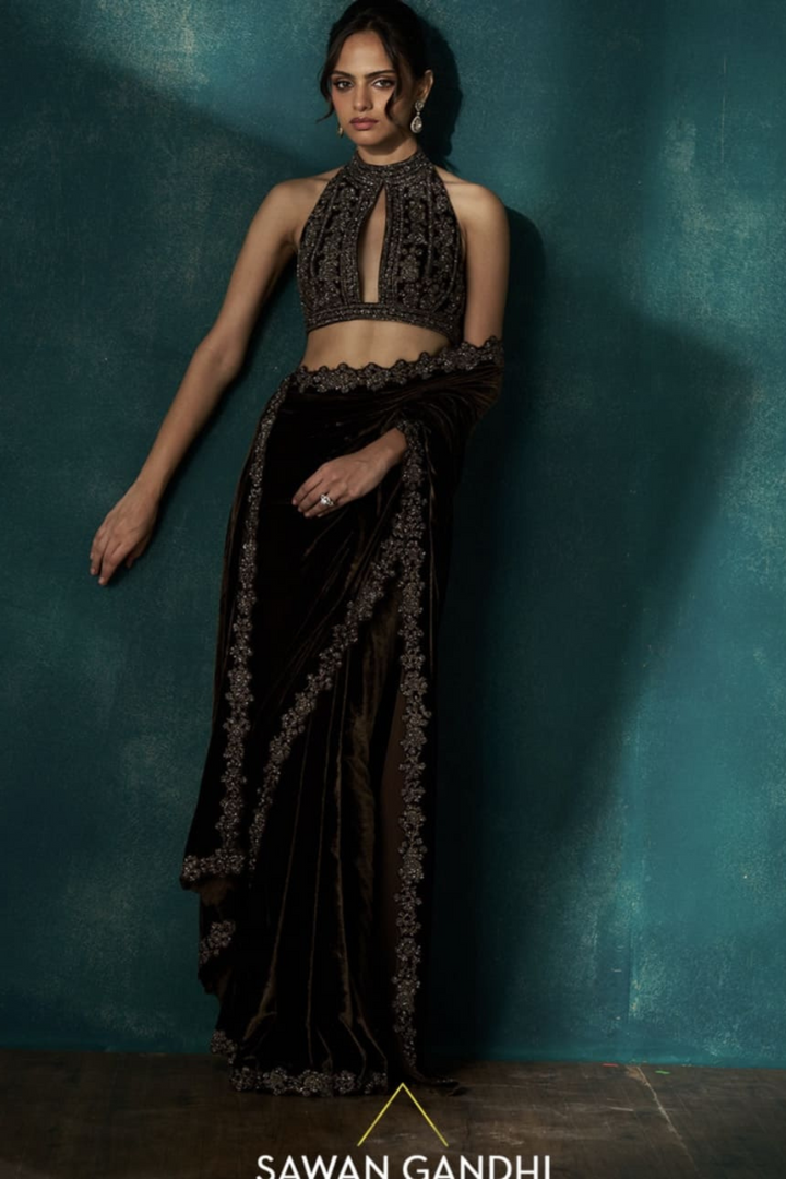 Coffee velvet saree