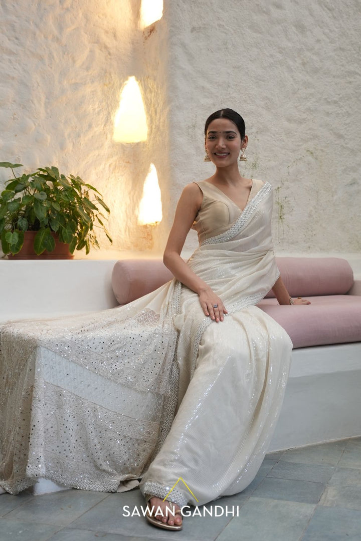 Medha Shankr in Ivory paani sequins chikankari saree