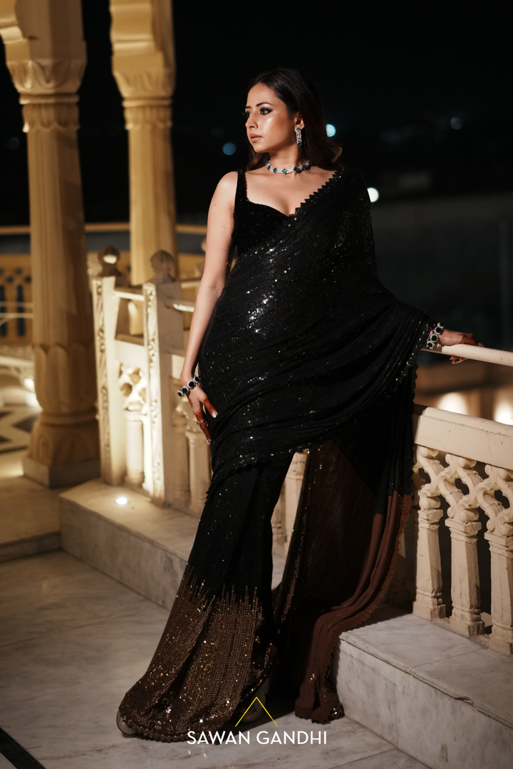 Sargun Mehta in Black to Gold Sequins Saree