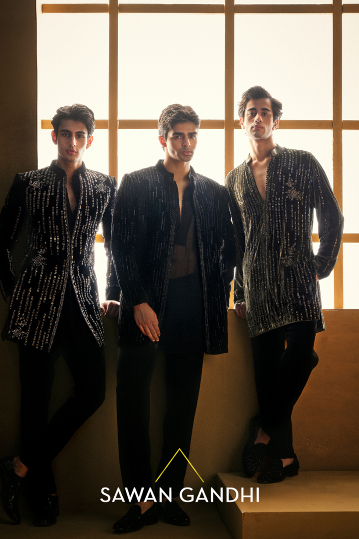 BLACK VELVET VERTICAL LINES BANDHGALA