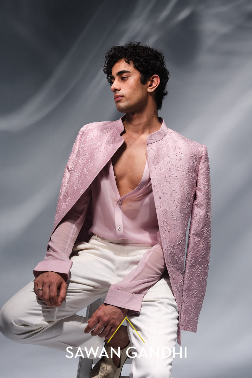 Rose pink sequins and threadwork bandhgala