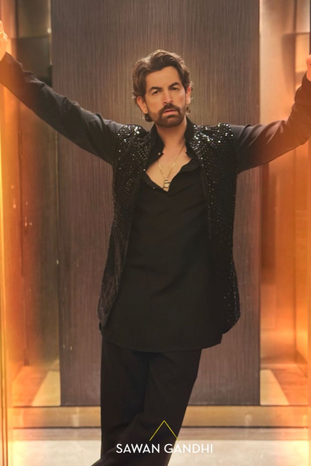 Neil Nitin Mukesh in Black Velvet Cutdana Nehru