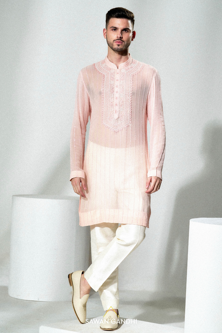 Peach sheer sequins cutdana kurta