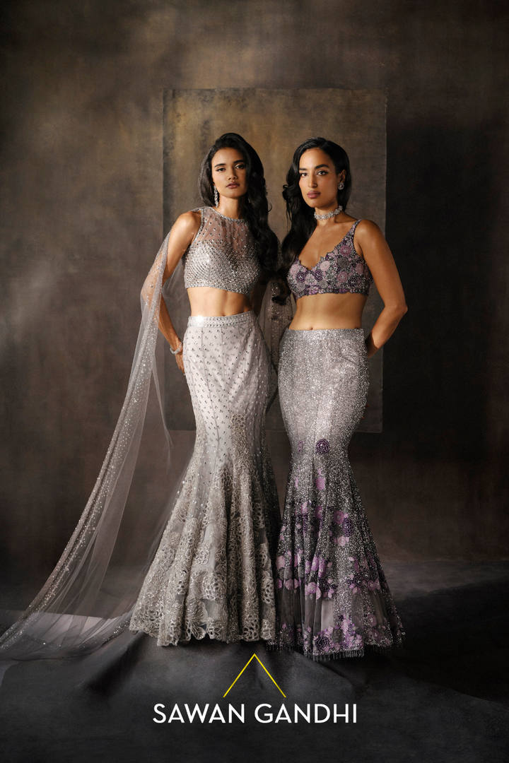 GREY FISHCUT APPLIQUÉ LEHENGA