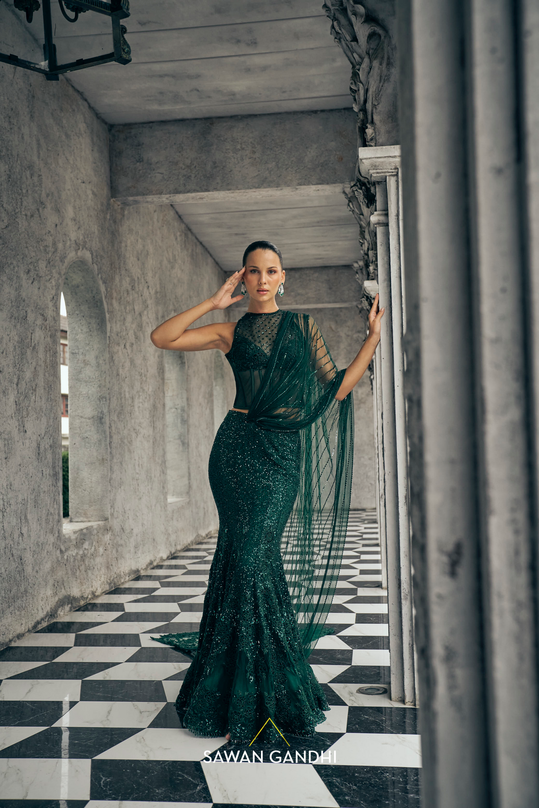 Bottle green fishcut drape saree