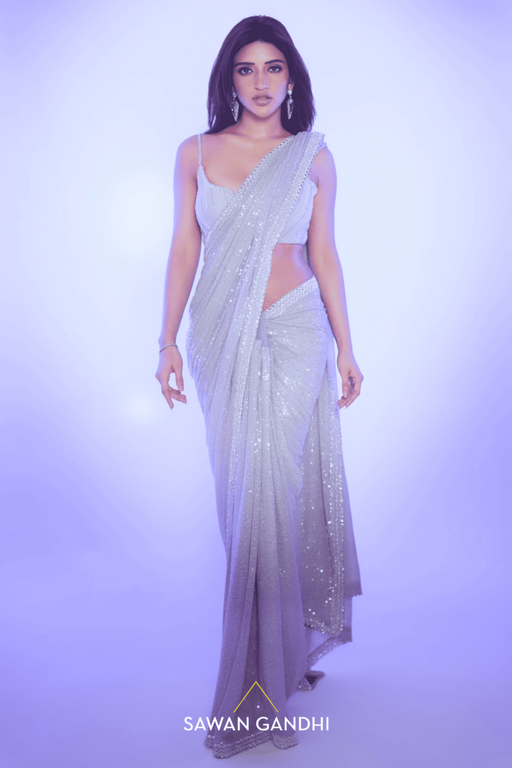 Sreeleela in Grey to lilac ombre paani sequins saree