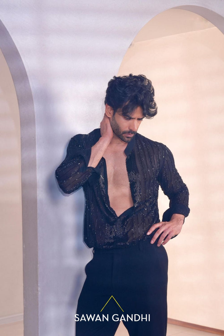 Gaurav in Black swarovski line shirt