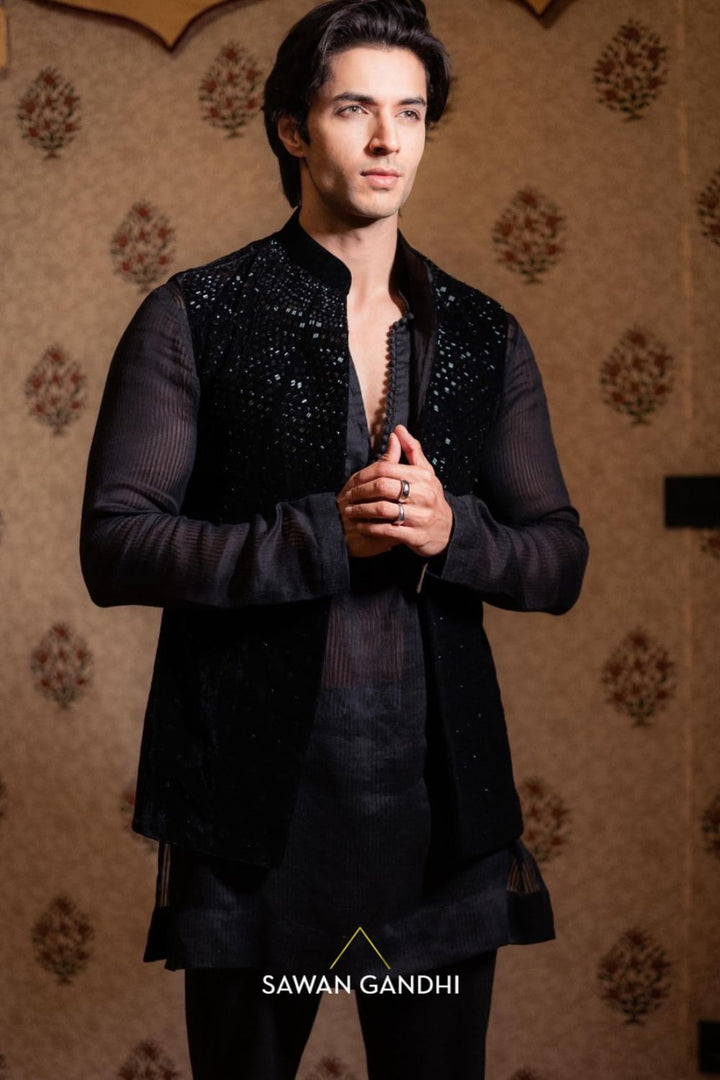 Siddharth Gupta in Black Velvet Cutdana Nehru