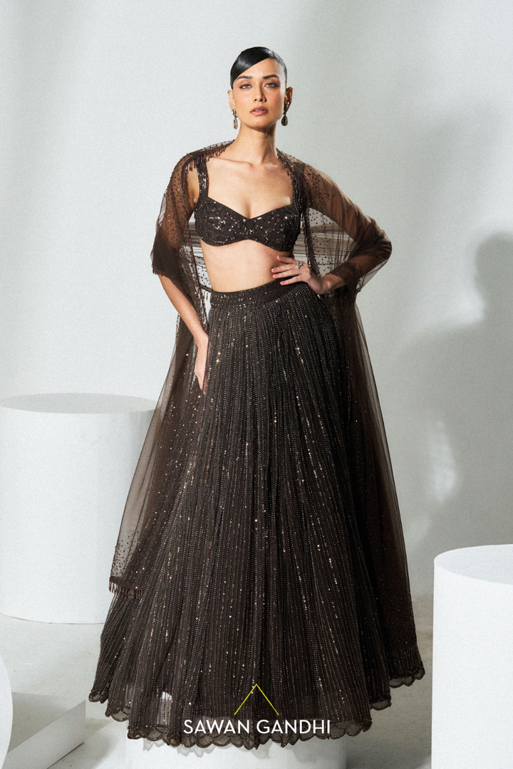 Coca brown beadwork lehenga