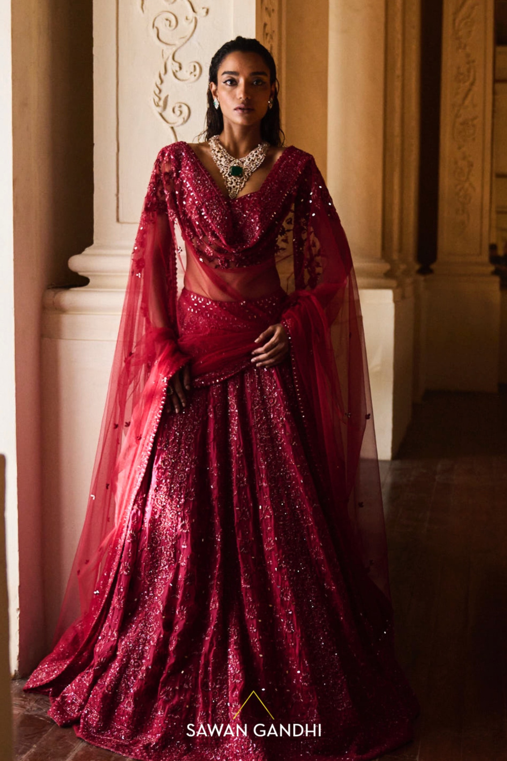 CRIMSON FLORAL CUTDANA LEHENGA