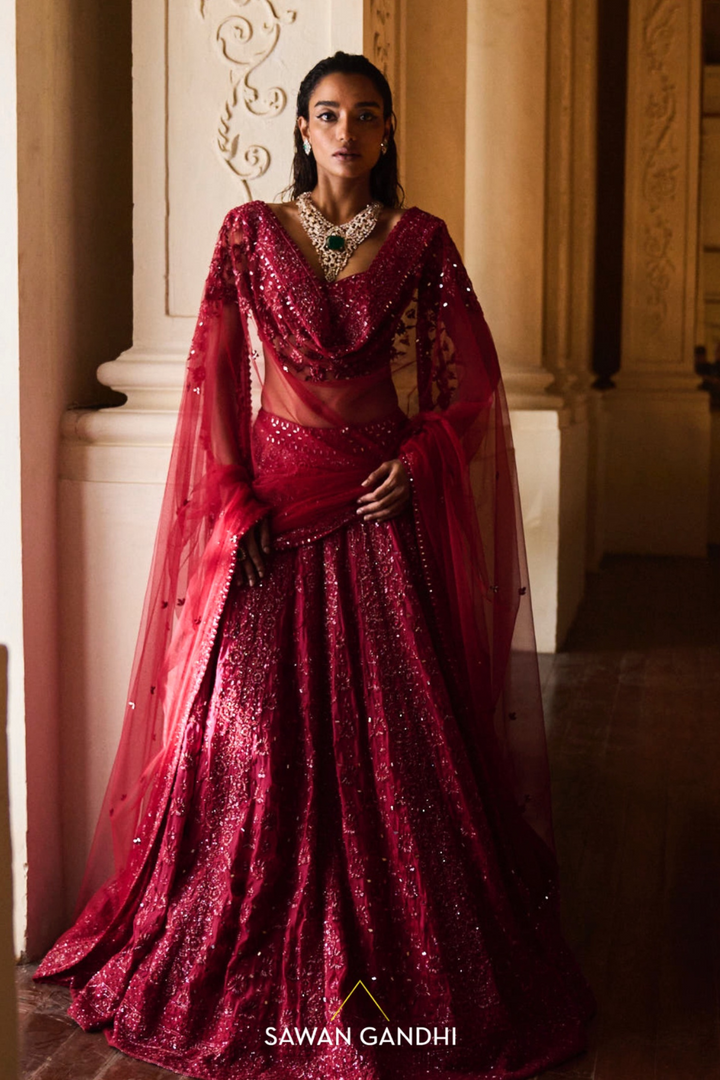 CRIMSON FLORAL CUTDANA LEHENGA