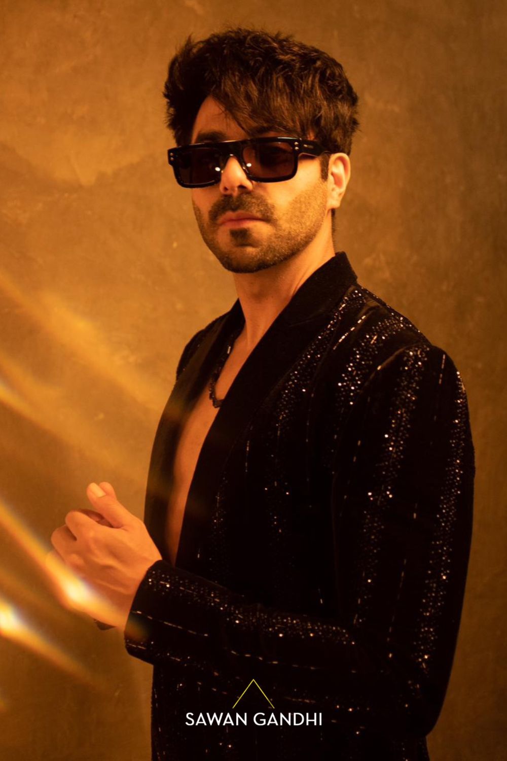 Aparshakti Khurana in Black velvet swarosvki stripe jacket