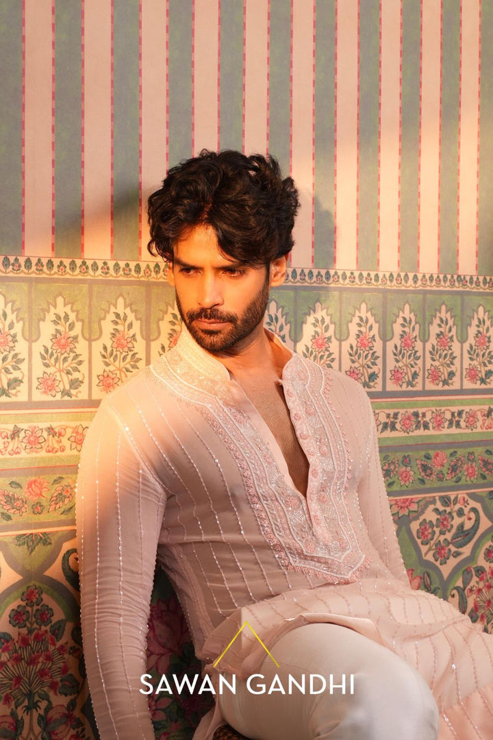 Gaurav in Peach chikankari kurta