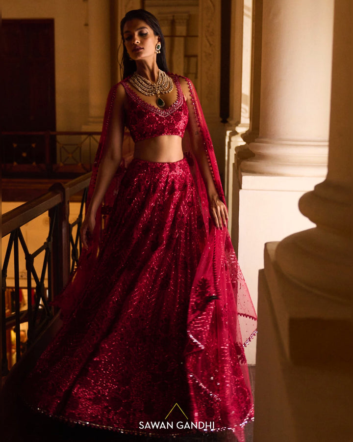 CRIMSON APPLIQUÉ WORK LEHENGA