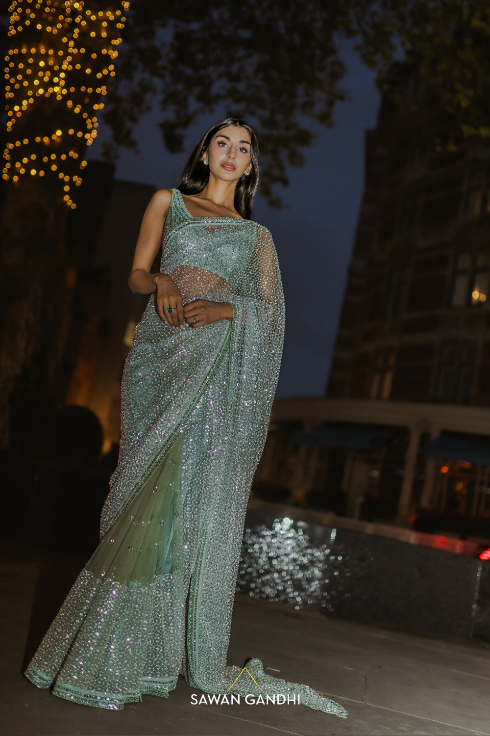 Sage green glass bead honeycomb saree