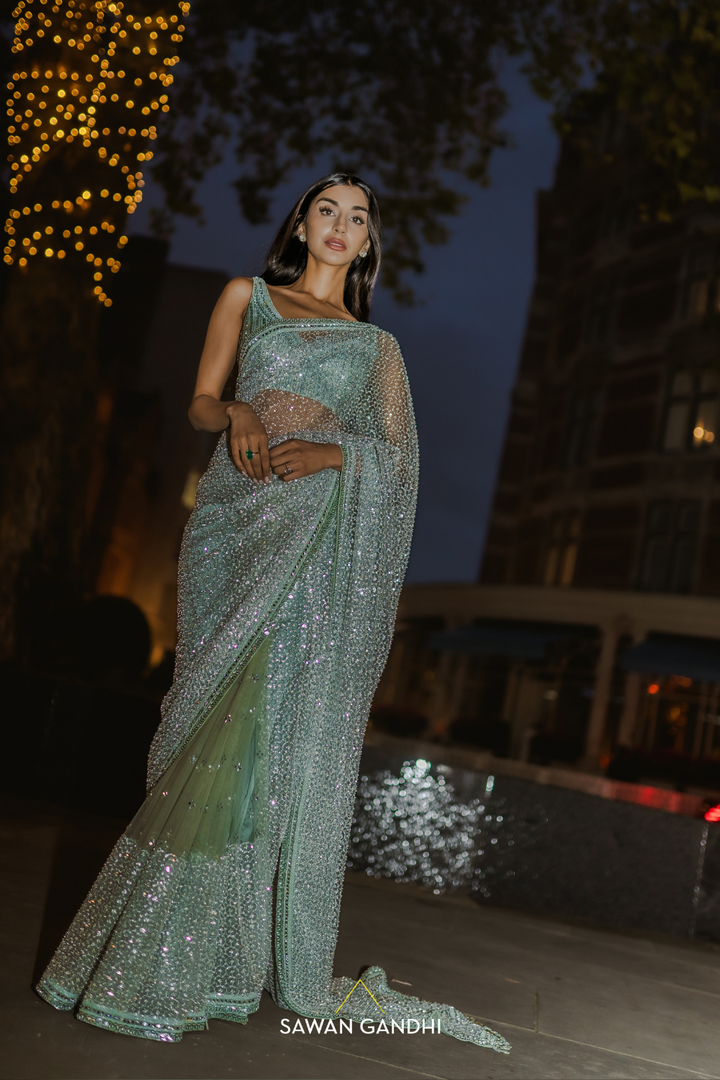 Sage green glass bead honeycomb saree