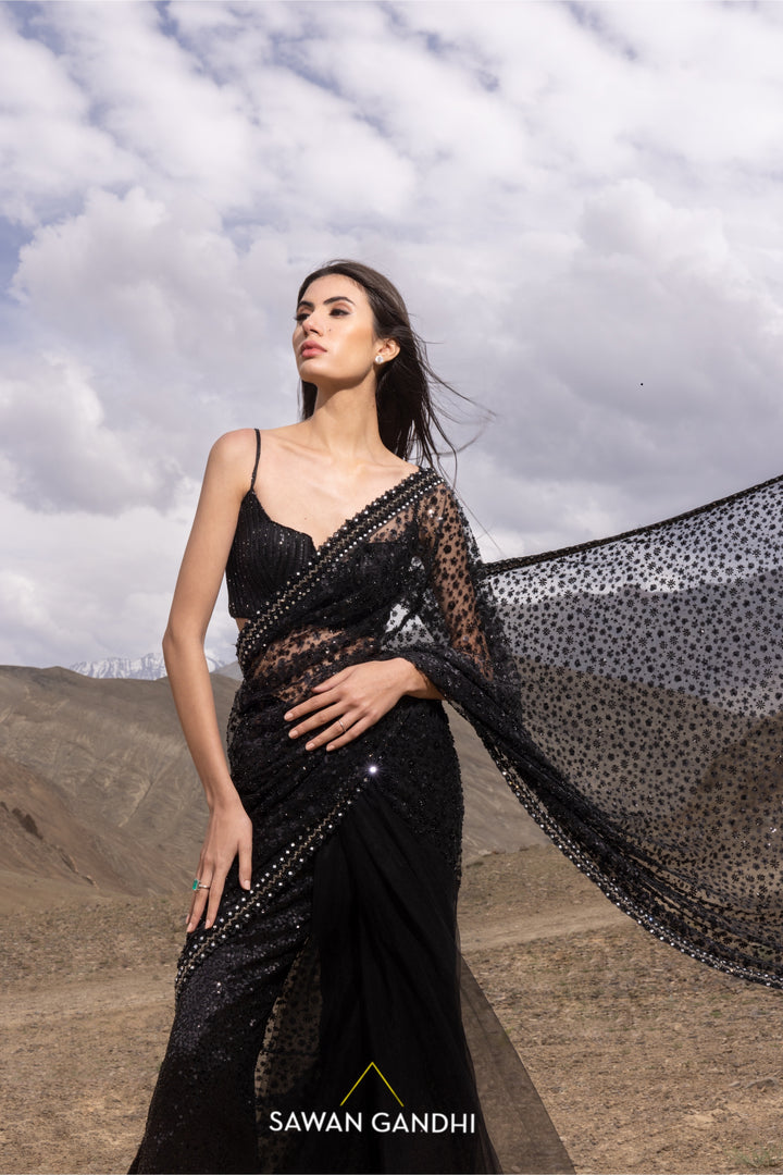 Black cutdana sequins saree