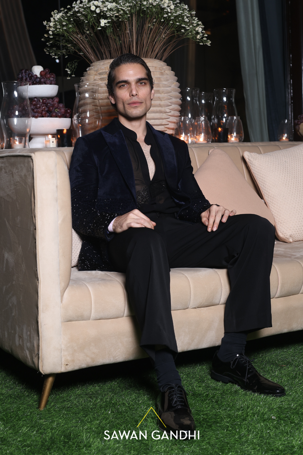 Rishab Sawhney in NAVY BLUE VELVET CUTDANA WORK JACKET