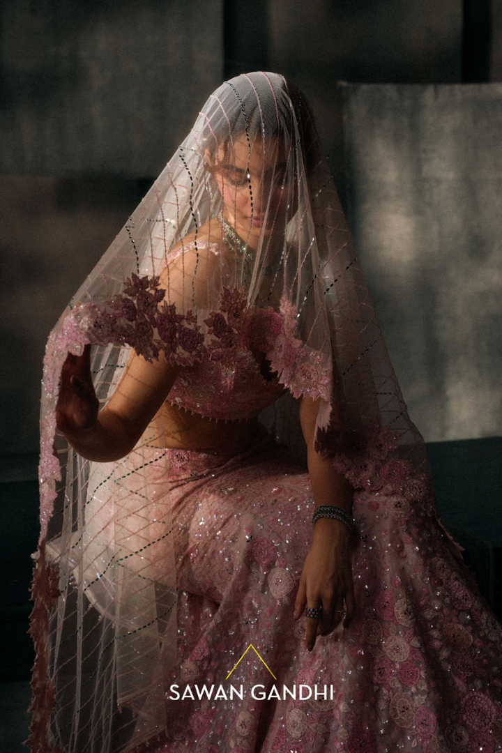 Blush pink fishcut applique lehenga