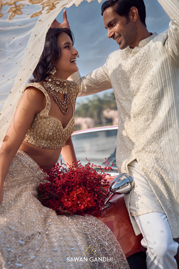 GOLDEN BEIGE MIRROR WORK LEHENGA