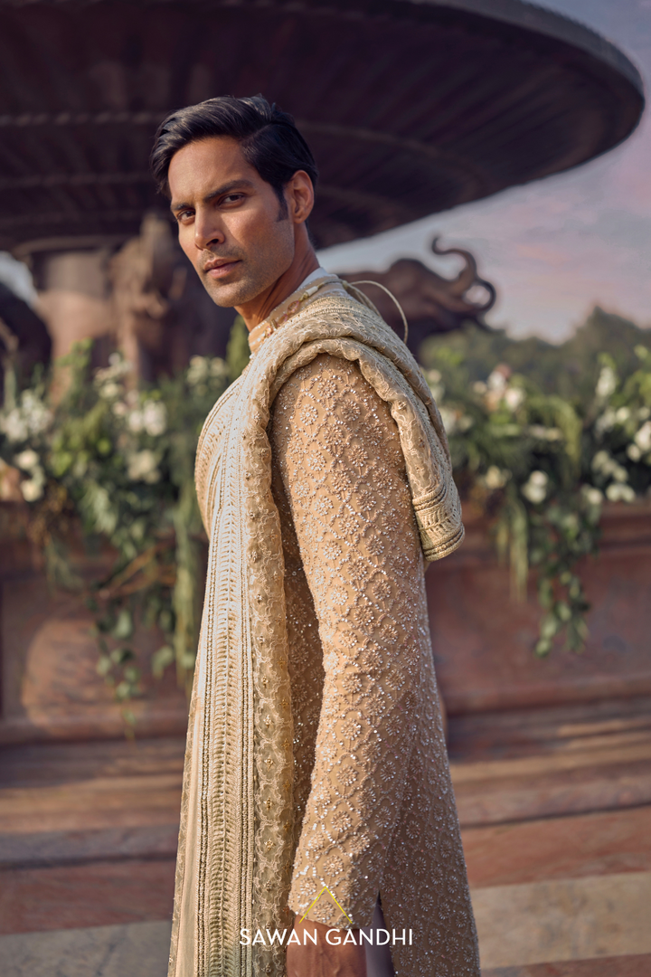 DARK BEIGE CHIKANKARI SHERWANI